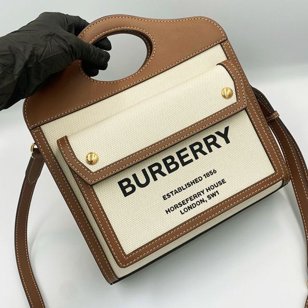 Brown Canvas Leather Two-tone Pocket Mini Tote Bag - Picture 8 of 9